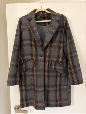 Plaid Single-Button Pea Coat - Gray Multi